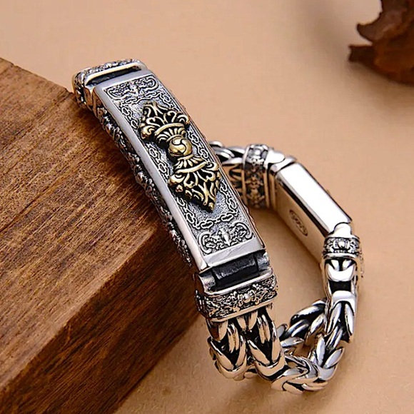 Stainless Steel Chain Link Bracelet, Mantra, Curb Hand Woven Engraved - Picture 1 of 6